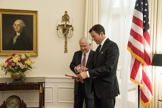 Former U.S. Secretary of Defense Dr. Robert Gates and Mark Updegrove in the replica Oval Office